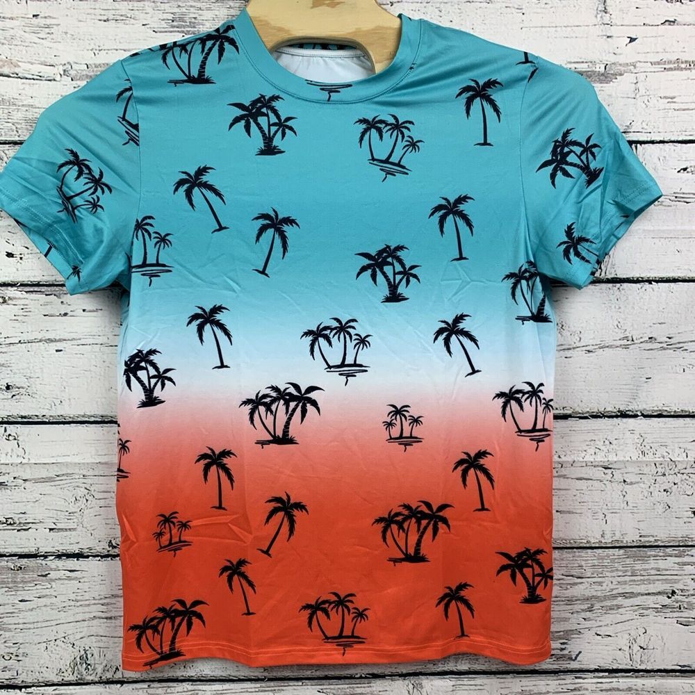 Tropical Palm Tree‎ Print T-Shirt Blue Orange Ombre Graphic Tee [Size Small]